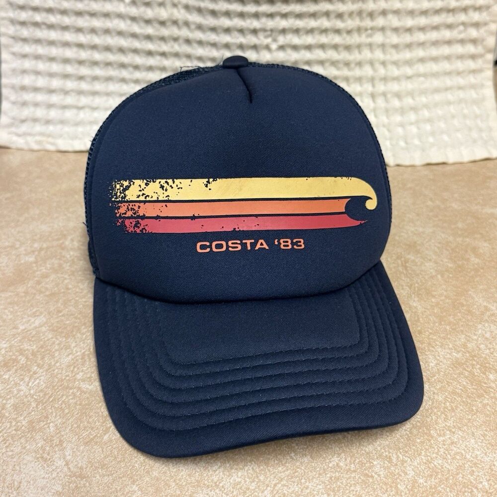 NWT Costa '83 Navy Trucker Hat Mesh Back Adjustable Yellow Red Graphic Retro